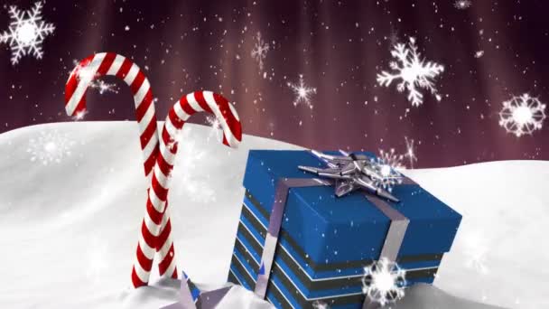 Animación Caída Nieve Regalo Navidad Azul Dos Bastones Caramelo Con — Vídeos de Stock