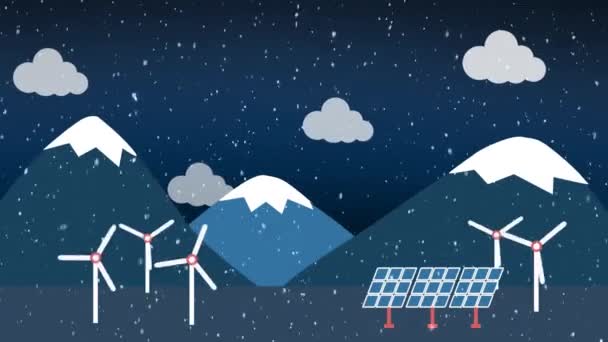 青い背景に田舎の風力タービンや太陽光パネルで降る雪のアニメーション — ストック動画