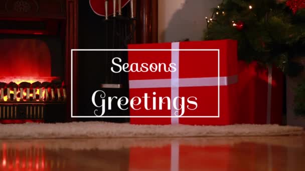 Анімація Слів Seasons Greatings Written White Letter Santa Claus Приносять — стокове відео