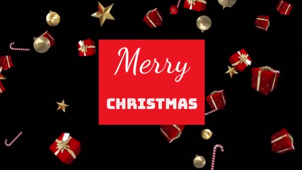 言葉のアニメーションクリスマスプレゼントと黒の背景に落ちる赤ちゃんと赤の正方形に書かれたメリークリスマス — ストック動画