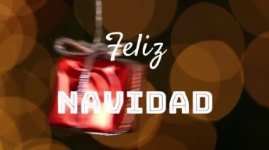 Noel süslemelerinin üzerine beyaz harflerle yazılmış Feliz Navidad kelimelerinin animasyonu. Kırmızı ve kırmızı yıldız şeklinde süslemeler ve arka planda ışık lekeleri.