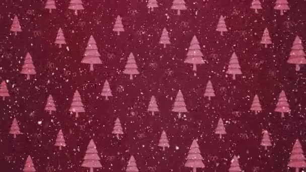 Animazione File Alberi Natale Rosa Neve Che Cade Sfondo Rosso — Video Stock