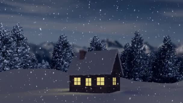 Animatie Van Het Winterlandschap Met Sneeuw Die Huis Valt Dennenbomen — Stockvideo