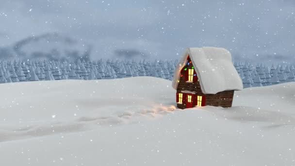 Animation Der Winterlandschaft Mit Schnee Der Über Haus Und Tannen — Stockvideo