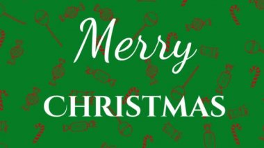 Mutlu Noeller kelimesinin animasyonu yeşil arka planda kırmızı şekerlerin üzerine beyaz harflerle yazıldı.