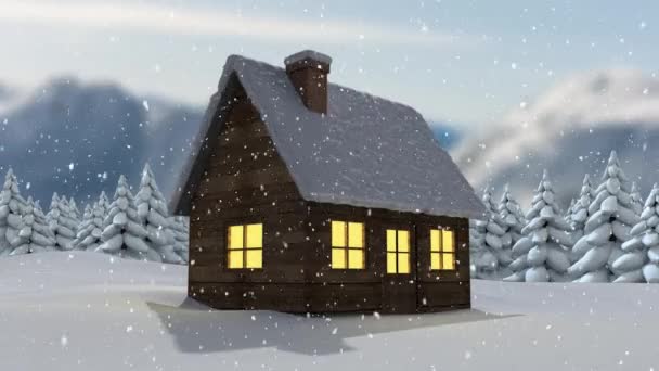 Animación Casa Campo Nieve Cayendo Invierno — Vídeos de Stock