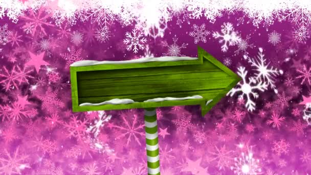Animación Copos Nieve Estrellas Cayendo Letrero Flecha Madera Verde Sobre — Vídeos de Stock
