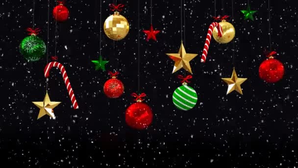 雪のアニメーションと黒の背景に泡や砂糖缶とクリスマスの装飾 — ストック動画
