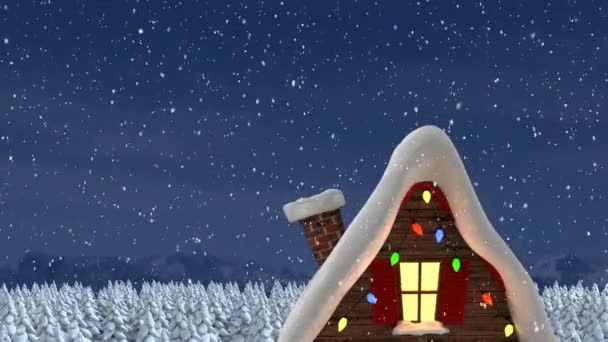 Animación Casa Abetos Campo Nieve Cayendo Invierno — Vídeos de Stock