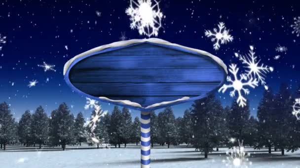 Animatie Van Vallende Sneeuwvlokken Blauw Houten Uithangbord Blauwe Achtergrond — Stockvideo