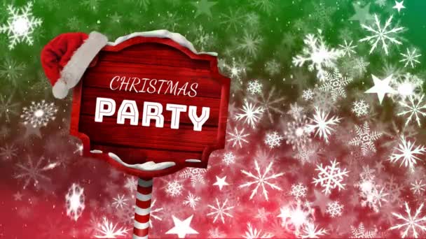 Анимация Слов Christmas Party Написанных Белым Белому Красной Деревянной Табличке — стоковое видео
