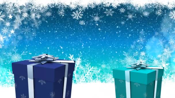 Animation Chutes Neige Cadeaux Noël Bleus Sur Fond Bleu — Video