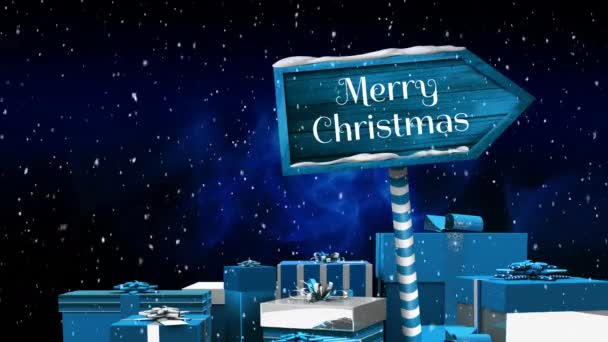 雪の結晶と星が落ち 青い背景に雪に覆われたベンチに青いプレゼントと青の木製の矢印の看板に白で書かれた単語メリークリスマスのアニメーション — ストック動画