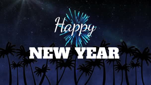 Animation Words Happy New Year Written White Firework Display Palm — Stock Video