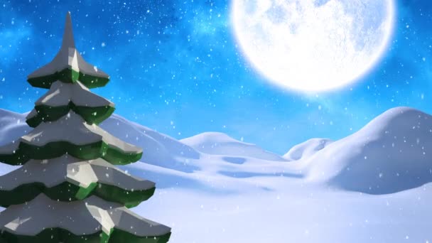 Animation Sapin Lune Neige Tombant Campagne — Video