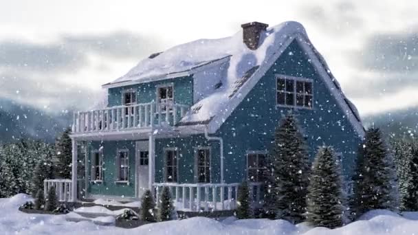 Animation of house, fir trees, countryside and snow falling in winter — Stock Footage Animation House Fir Trees Countryside Snow Falling Winter Royalty Free Stock Video
