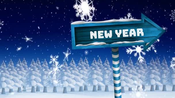 Animation Words New Year Written White Blue Wooden Arrow Sign — Stock Video