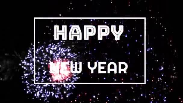 Animáció a szavak Boldog új évet írt fehér keretben több mint tűzijáték kijelző fekete háttér