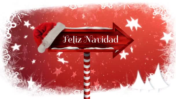 Animazione Delle Parole Feliz Navidad Scritte Bianco Cartello Legno Rosso — Video Stock