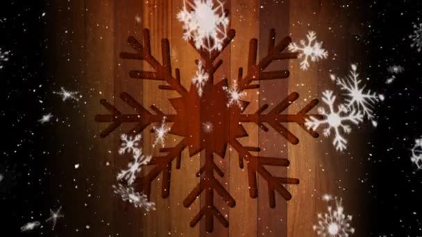 Animatie Van Sneeuw Vallende Met Houten Sneeuwvlok Vorm Houten Achtergrond — Stockvideo