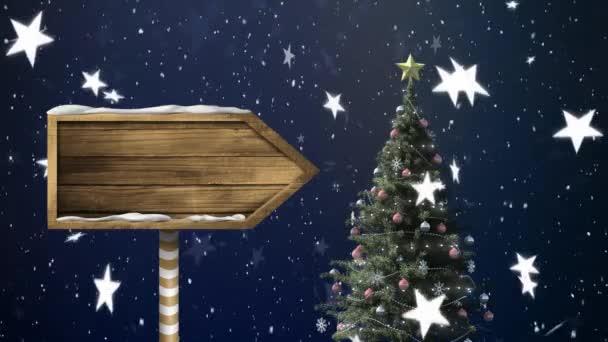 Animáció Nyíl Tábla Hópelyhek Csillagok Alá Karácsonyfa Kék Háttér — Stock videók