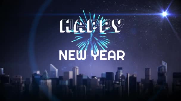 Анимация Написанных Белым Цветом Слов Happy New Year Над Фейерверком — стоковое видео