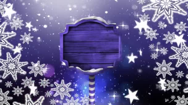 Animation Panneaux Bois Violet Flocons Neige Étoiles Tombant Arrière Plan — Video