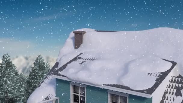 Animation Von Haus Tannen Landschaft Und Schnee Der Winter Fällt — Stockvideo