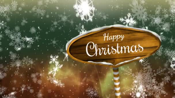 Animatie Van Woorden Happy Christmas Het Wit Geschreven Houten Uithangbord — Stockvideo