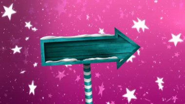 Kar taneleri ve pembe arka plana düşen yıldızlı yeşil tahta tabela animasyonu