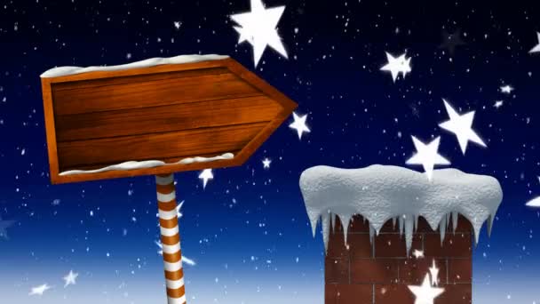 屋顶上有烟囱 降雪和流星的木制箭头标志的动画 — 图库视频影像