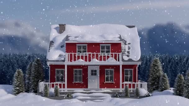 Animación Casa Abetos Campo Nieve Cayendo Invierno — Vídeos de Stock