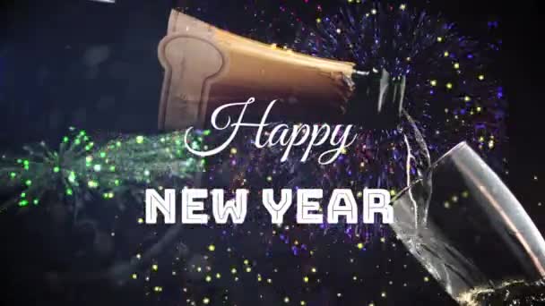 Animatie Van Woorden Happy New Year Geschreven Het Wit Champagne — Stockvideo