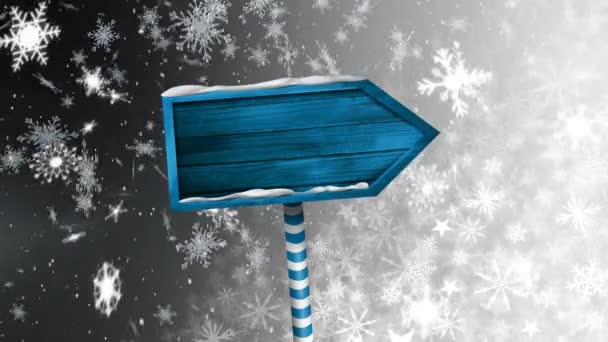 Animation Blue Wooden Arrow Sign Board Snowflakes Falling Grey Background — Stock Video