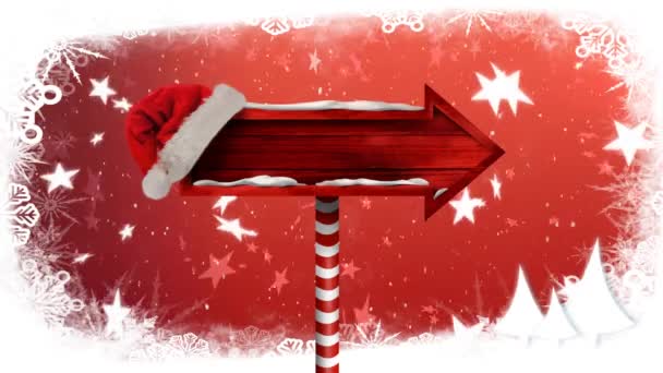 Animacja Czerwonej Drewnianej Tablicy Znakiem Strzałki Kapeluszem Santa Płatki Śniegu — Wideo stockowe
