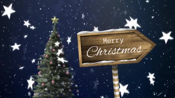 Animazione Delle Parole Buon Natale Scritto Bianco Insegna Freccia Legno — Video Stock