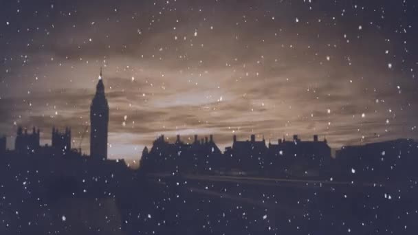 Trafiğe Düşen Kar Animasyonu Gece Şehirdeki Binaların Silueti — Stok video