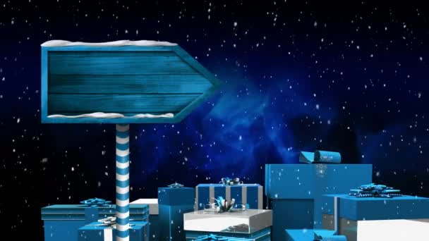 Animacja Niebieskiej Drewnianej Tablicy Spadającymi Płatkami Śniegu Niebieskimi Prezentami Niebieskim — Wideo stockowe