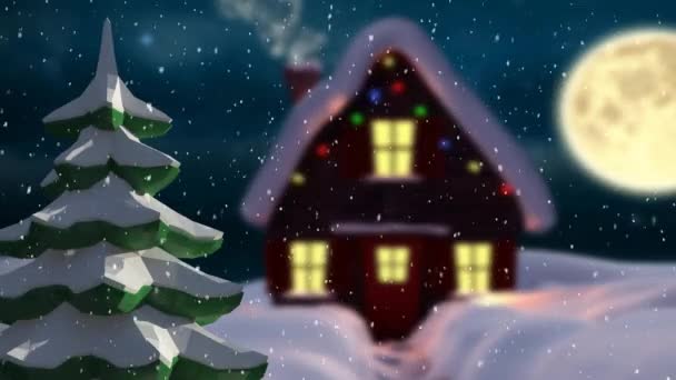 Animação Casa Abeto Lua Cheia Campo Neve Caindo Inverno — Vídeo de Stock