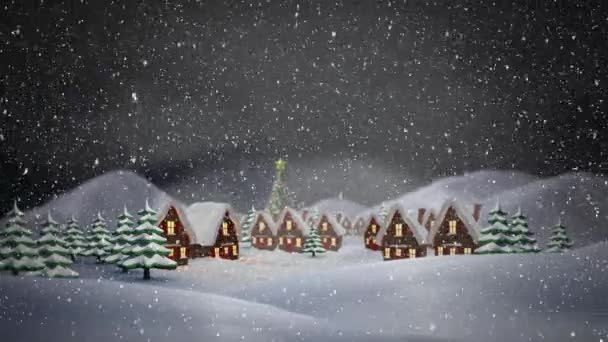 冬に降る家屋 モミの木 田舎や雪のアニメーション — ストック動画