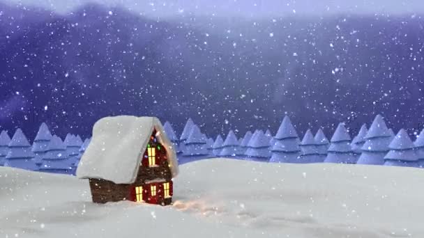 Animación Casa Abetos Campo Nieve Cayendo Invierno — Vídeos de Stock