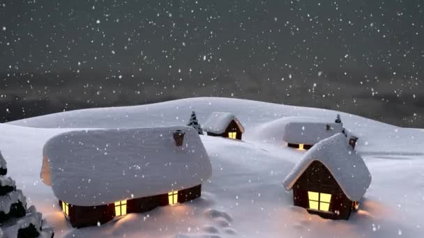Animación Casas Abetos Campo Nieve Cayendo Invierno — Vídeos de Stock