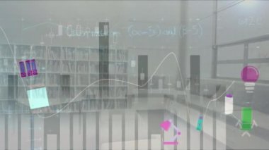Grafiği yuvarlanan ve matematiksel denklemler üzerinde istatistikleri gösteren animasyon sosyal simgeleri bir karatahtanın üzerinde görünür