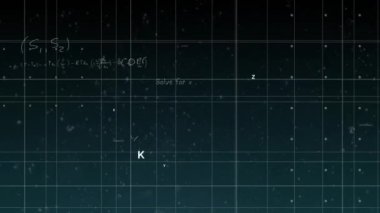 Karanlık arka planda hareket eden ve titreyen matematiksel formüllerin animasyonu. Bilim ve araştırma konsepti dijital olarak oluşturuldu.