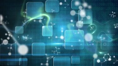 Siyah arkaplanda yüzen mavi kareli parlak bir küre animasyonu, sayılar ve moleküller