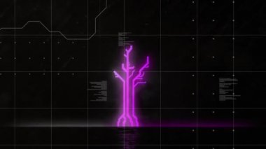 Neondan yapılmış bir ağacın animasyonu, veri işleme üzerinde mor çizgiler