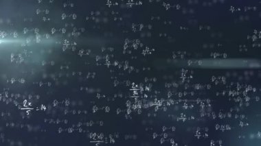 Koyu mavi arka planda hareket eden ve titreyen matematiksel formüllerin animasyonu. Bilim ve araştırma konsepti dijital olarak oluşturuldu.