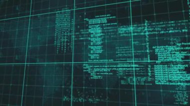 Siyah bir arkaplan üzerinde yeşil bir ızgara üzerinde hareket eden dijital bilgi ve kodlama çizgilerinin animasyonu
