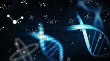 Çoklu mavi DNA türlerinin dönmesi, birden fazla molekül ve kimyasal elementlerin siyah zemin üzerinde yüzmesi. Coronavirus Covid-19 salgın DNA konsepti dijital bileşik