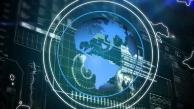 Veriler, istatistikler ve grafikler üzerinden etrafında dönen şekillerin oluşturduğu mavi bir küre animasyonu. Küresel pazar konsepti dijital bileşimi